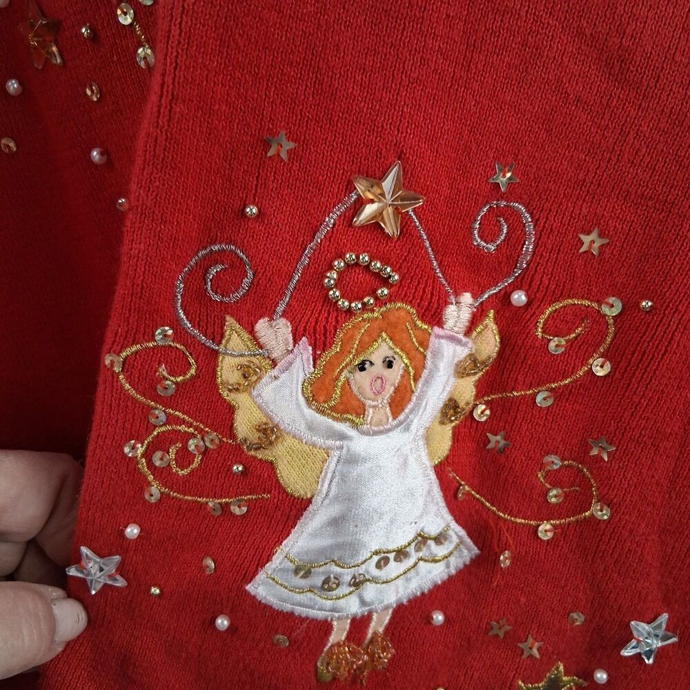 Quacker Factory Women's Red Angel Christmas Embellished V Neck Sweater Size L - Picture 8 of 11